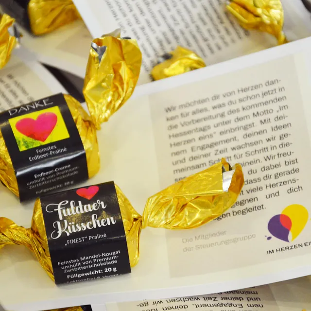 Fuldaer Küsschen als Werbeartikel der Projektgruppe.
